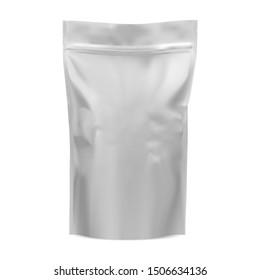 Coffee bag mockup. Food foil pouch. 3d vector pack. Grayscale sachet for cocoa or chocolate stand isolated. Seal packaging blank for brew mocha. Powder packet template. Gusset zip box