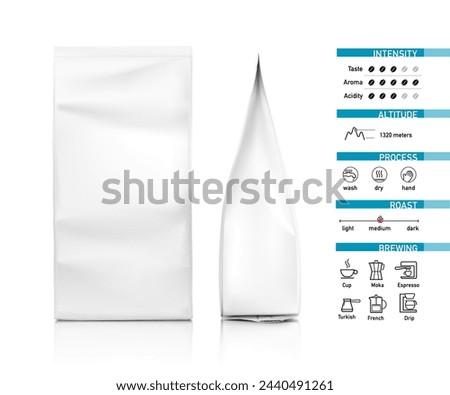 Coffee bag mockup. Front and side view. Vector illustration isolated on white background. Suitable brewing methods for your coffee blend. Can be use for your design, advertising, promo and etc. EPS10.