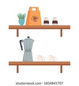 coffee bag mugs cups and moka pot on shelves design of drink caffeine breakfast and beverage theme Vector illustration