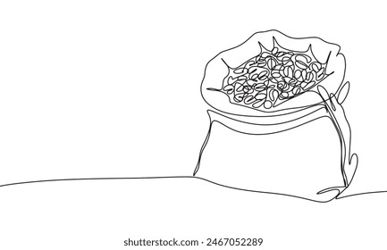 Kaffeebeutel eine Linie durchgehend. Großer Jutesack mit Coffee Line Art. Handgezeichnete Vektorgrafik.
