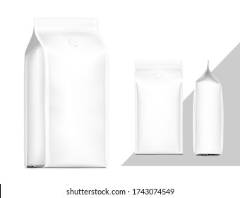 Coffee bag package mockup with degassing valve. Front, side and perspective view. Vector illustration on white background. Packaging mockup ready for your design, presentation, promo, adv. EPS10.	