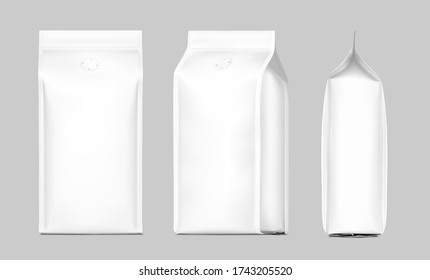 Coffee bag package mockup with degassing valve. Front, side and perspective view. Vector illustration on grey background. Packaging mockup ready for your design, presentation, promo, adv. EPS10.	