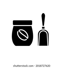Coffee bag with scoop glyph icon. Black silhouette symbol. Isolated vector stock illustration