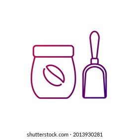 Coffee bag with scoop outline icon. Purple gradient symbol. Isolated vector stock illustration