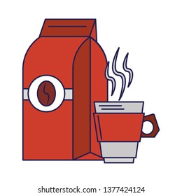 Coffee bag sealed with bean and coffee cup blue lines
