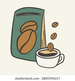 Coffee Bag, white Mug image with falling roasted Beans and hot drink. Beverage in porcelain Cup next to Packaging. Concept for coffee shop posters, stickers, design. Isolated. Vector illustration