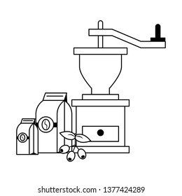 Coffee bags with beans on leaves and coffee grinder in black and white