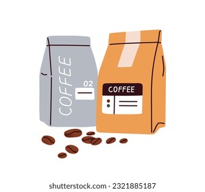 Coffee bags, closed packages and fresh roasted coffe beans composition. Aromatic product in paper pack for caffeine drink, beverage. Flat vector illustration isolated on white background