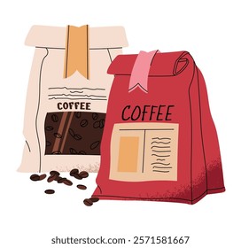 Coffee bags, closed packages of freshly roasted coffee beans. Aromatic product in paper pack for caffeine drink, beverage. Flat vector illustrations isolated on white background