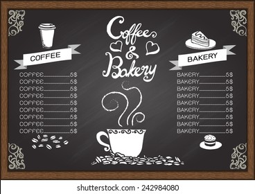 Coffee and baker menu on chalkboard.