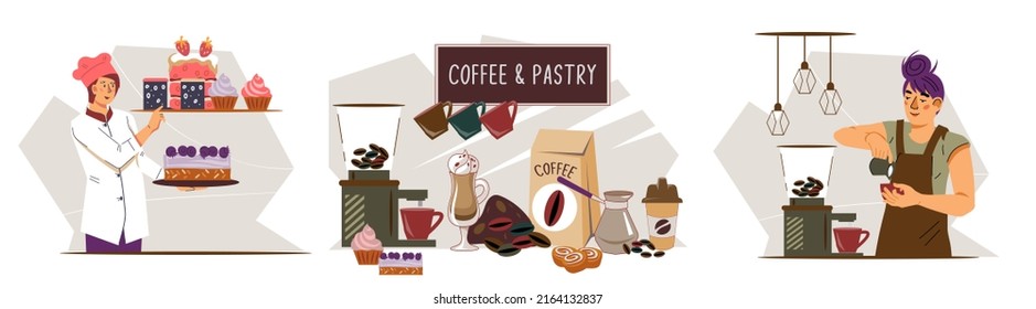 Coffee and bakery banners set with baker and barista, flat vector illustration isolated on white background. Banner or poster mockup for bakery or coffee shop, pastry store.