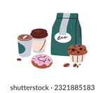 Coffee and bakery composition. Coffe beverage in takeaway paper cups, fresh beans packed in bag package, sweet desserts, donut, cupcake, muffin. Flat vector illustration isolated on white background