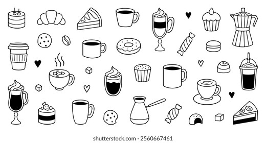 Coffee and bakery doodle set. Coffee cups, drinks menu, desserts, cookies and cakes in sketch style. Hand drawn vector illustration isolated on white background.