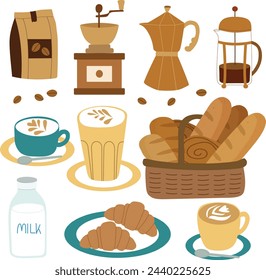 Coffee and Bakery Hand Drawn Elements - Vector Illustration for Decorative Invitation, Greeting Card, Birthday, Party, Celebration, Wedding, Poster, Banner, Textile, and Wallpaper