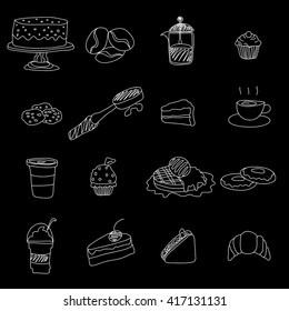 coffee and bakery icons hand drawn with chalk on a chalkboard, white in the form of vector.