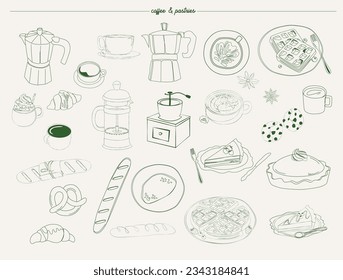Сollection of coffee and bakery illustration in sketch style. Editable vector illustration.