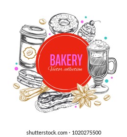 Kaffee- und Bäckereietikett. Vektorhandgezeichnete Illustrationen. Sketch-Stil.