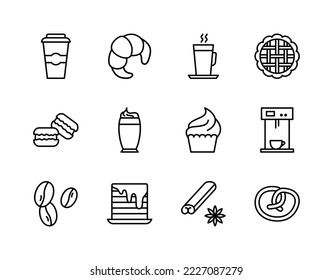 Icon-Set für die Kaffee- und Bäckerei. Enthält Icons wie Hot Cocktail und Kaffeemaschine, Espresso-Tasse, Kuchen, Kuchen, Cookie. Einfache flache Vektorgrafik für Speicher, Website oder mobile App