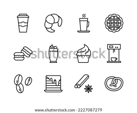 Coffee and Bakery line icon set. Contains such Icons as hot cocktail and coffee maker machine, espresso cup, cupcake, cake, Cookie. Simple flat vector illustration for store, web site or mobile app
