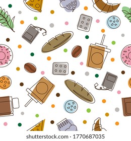 Coffee and bakery linear icons seamless pattern. Set of baked items; bread, cakes, and pastries in outline design with spot colors. Background for wallpaper, textile, and cafe marketing materials.