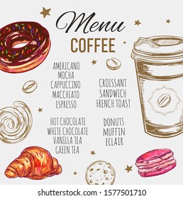 Coffee and Bakery restaurant Menu, brochure. Vector hand drawn template with sketch illustrations and handwritten Chalkboard 