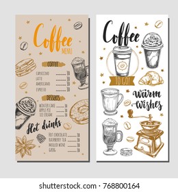 Coffee and Bakery restaurant Menu, brochure. Vector hand drawn template with icons and handwritten Lettering, Calligraphy.