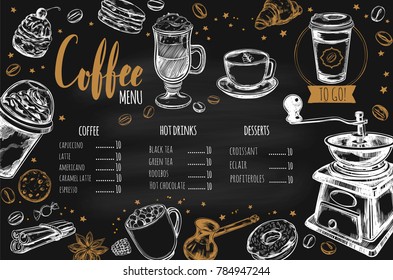 Coffee and Bakery restaurant Menu, brochure. Vector hand drawn template with sketch illustrations and handwritten Chalkboard Lettering, Calligraphy.