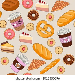 Coffee and bakery - seamless vector pattern with different breads, croissants, cookies, cakes, coffee cups