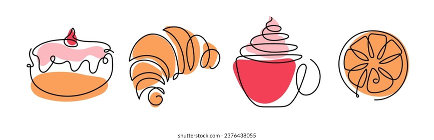 Coffee and Bakery set. Continuous one line drawing croissant, lemon, donut, hot drink cup. Baking shop Logo concept. Hand drawn pastries by one line. Cafe or tea line sketch. Fashionable trend vector.