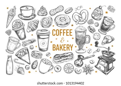 Coffee and Bakery set. Vector hand drawn isolated objects. Sketch icons