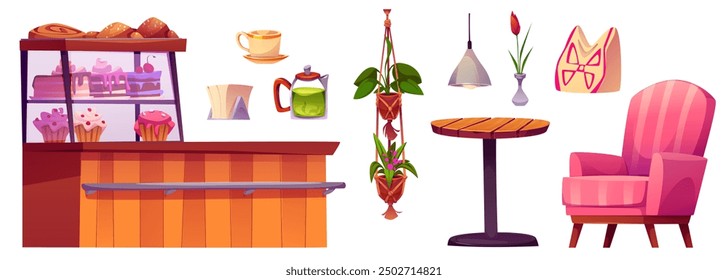 Coffee and bakery shop or cafe interior elements. Cartoon vector cafeteria interior furniture and sweet desserts - table with armchair, wooden counter bar with cakes in glass showcase, tea pot and cup