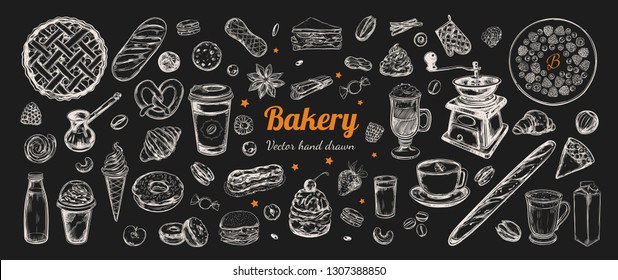 Coffee and Bakery vector hand drawn, elements. Template with vintage sketch illustrations , Different types of pastry and coffee, latte, capuccino, coffe to go cup