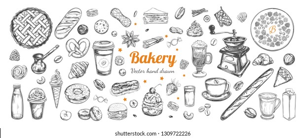 Coffee and Bakery vector hand drawn, elements. Template with vintage sketch illustrations , Different types of pastry and coffee, latte, capuccino, coffe to go cup