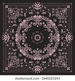 Coffee Bandana Print, paisley pattern. coffee, coffee beans, flowers, decorative geometric line ornament. Bandana pattern template. Silk neck scarf or kerchief square pattern design.