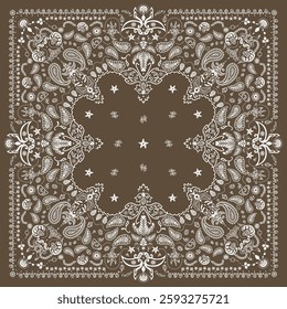 Coffee Bandana Print, paisley seamless pattern. coffee, coffee beans, flowers, decorative geometric line ornament. Bandana pattern template. Silk neck scarf or kerchief square pattern design.