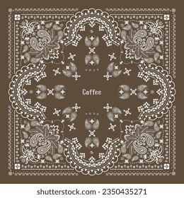 Impresión de Coffee Bandanna, con un patrón armonioso. café, granos de café, flores, adorno de línea geométrica decorativa. Plantilla de patrón de Bandana. Escarcha de cuello de seda o estilo de diseño de patrón cuadrado de pañuelo.