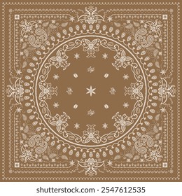 Coffee Bandanna Print, Paisley nahtlose Muster. Kaffee, Kaffeebohnen, Blumen, dekorative geometrische Linie Ornament. Bandana-Mustervorlage. Seidenhalsschal oder Kerchuch quadratischen Muster Design-Stil.