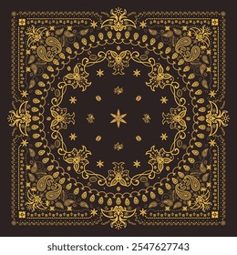 Coffee Bandanna Print, paisley seamless pattern. coffee, coffee beans, flowers, decorative geometric line ornament. Bandana pattern template. Silk neck scarf or kerchief square pattern design style.