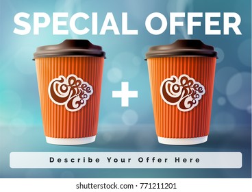 Coffee Banner 1 plus 1 Concept Blue Background. Vector EPS10