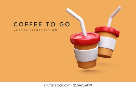 Coffee banner with 3d realistic two paper coffee cups with blank labels floating over beige background. Vector illustation