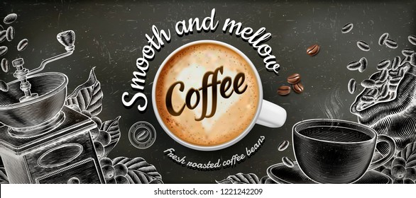 Coffee banner ads with 3d illustratin latte and woodcut style decorations on chalkboard background