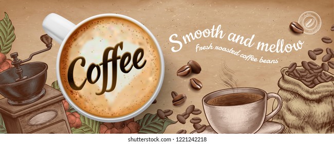 Coffee banner ads with 3d illustratin latte and woodcut style decorations on kraft paper background