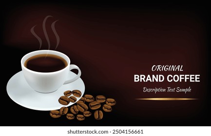 Coffee banner ads on black background. Coffee advertising design with coffee beans and a cup of steaming coffee