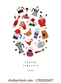 Coffee banner arrangement, utensils, tools and crockery for coffee drinks preparation, collection of isolated vector doodle illustrations, hand drawn cartoon style, good as banner or poster