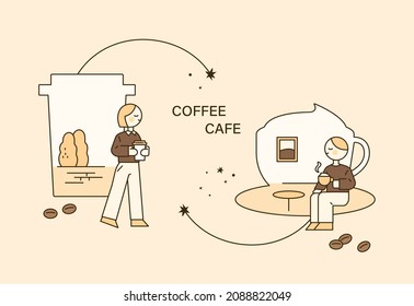 Coffee banner with the concept of customers taking away coffee or sitting and drinking in a cafe. outline simple vector illustration.