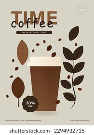 Coffee banner with cup, beans, and leaves. Template for a poster for a coffee product. Vector illustration