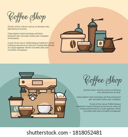 Coffee banner. Cup and coffee brewing methods. Coffee makers and coffee machines, kettle, french press, moka pot, cezve. Flat style, vector illustration.
