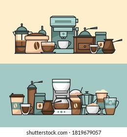 Coffee banner. Cup and coffee brewing methods. Coffee makers and coffee machines, kettle, french press, moka pot, cezve. Flat style, vector illustration.