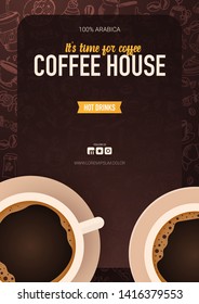 Coffee banner with cup and hand draw doodle background