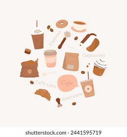 Coffee banner. Coffee cup, iced coffee, coffee bean, pastry, and text with round composition.